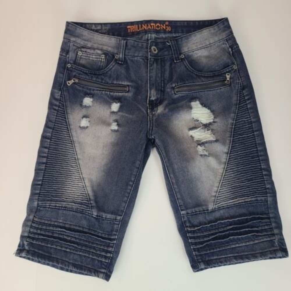 Trillnation Men's (30) Blue Denim Moto Destroyed Distressed Bermuda Shorts